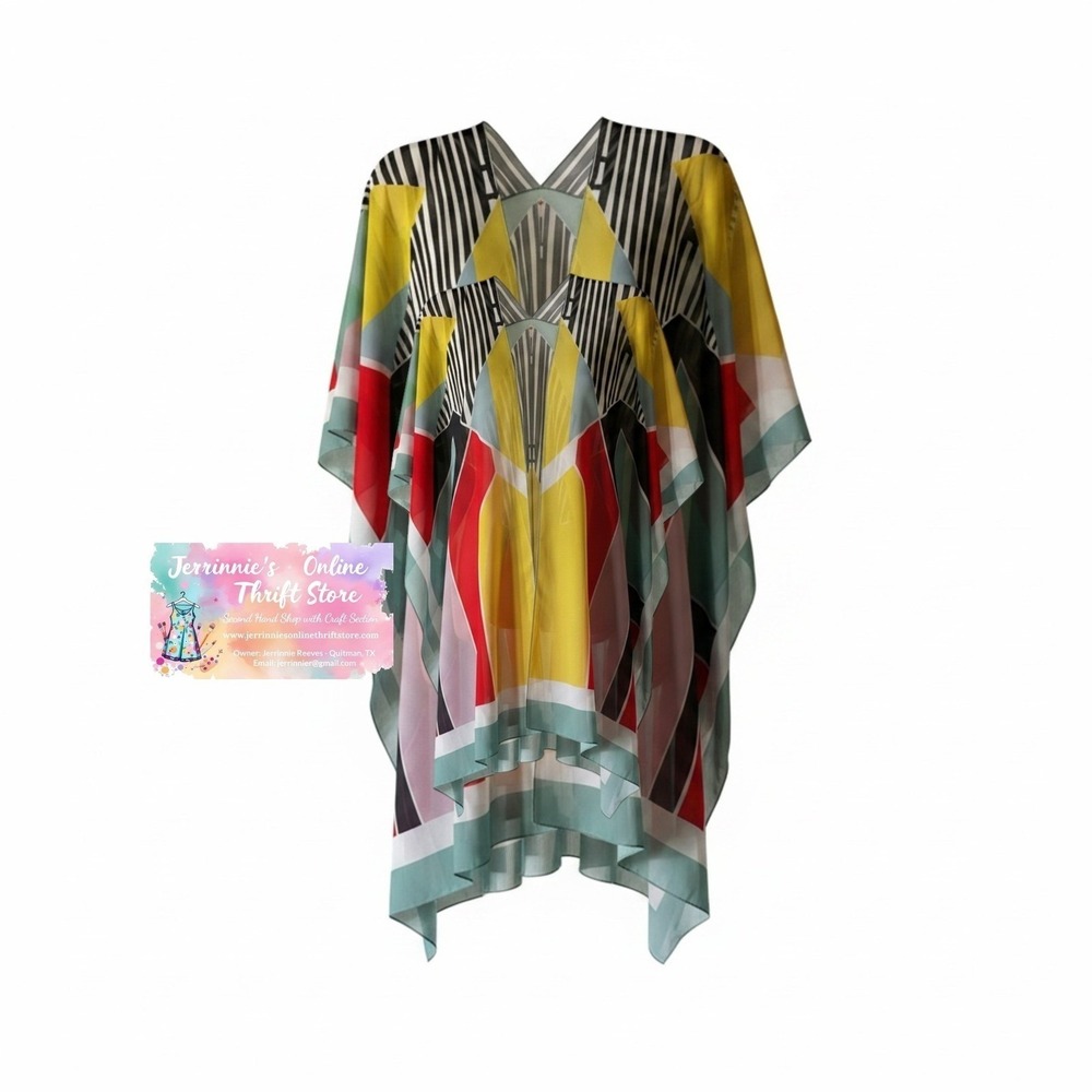 Geometric Print Sheer Kimono Wrap Multicolor Striped Open Front Cover Up XL